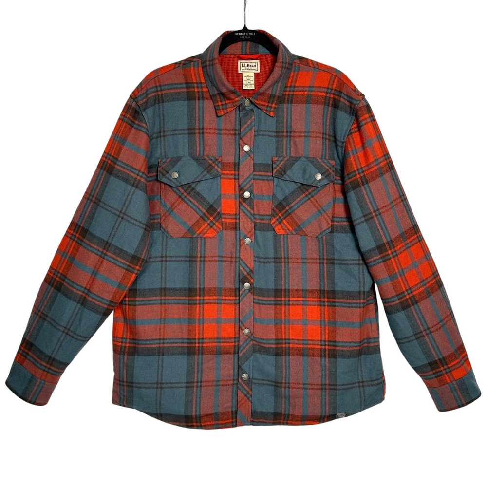 L.L.Bean Mens Shirt Jacket Large Plaid Wool Blend Waffle Thermal Lined Snap